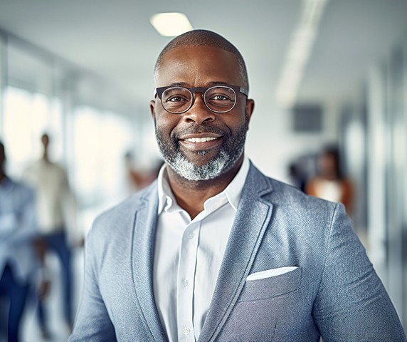 a businessman with glasses smiling