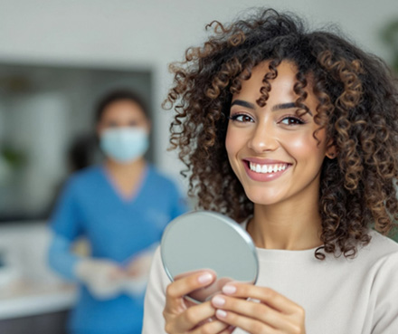 Patient smiling while holding small mirror