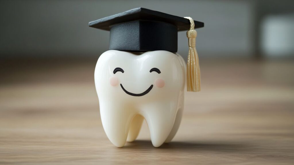 A tooth wearing a graduation cap